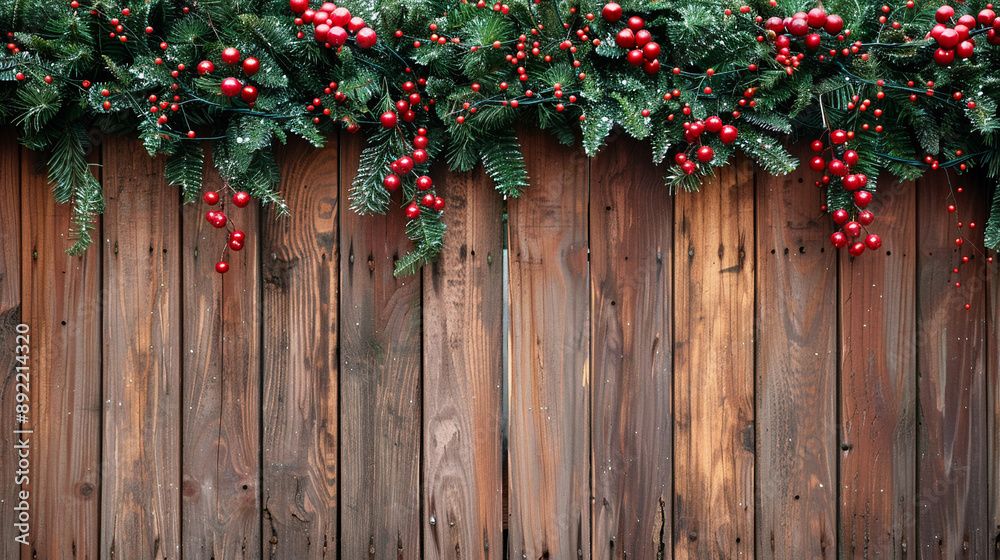 Festive garland on a wooden fence Merry Christmas background. Festive garland on a wooden fence Merry Christmas background.