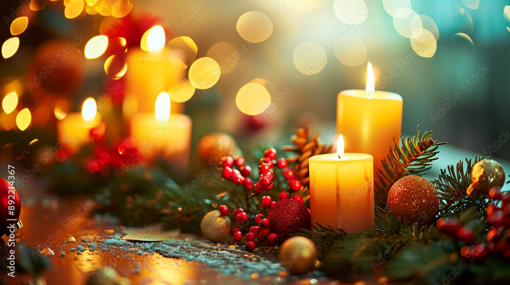 Festive table setting with candles and holly Merry Christmas background. Festive table setting with candles and holly Merry Christmas background.