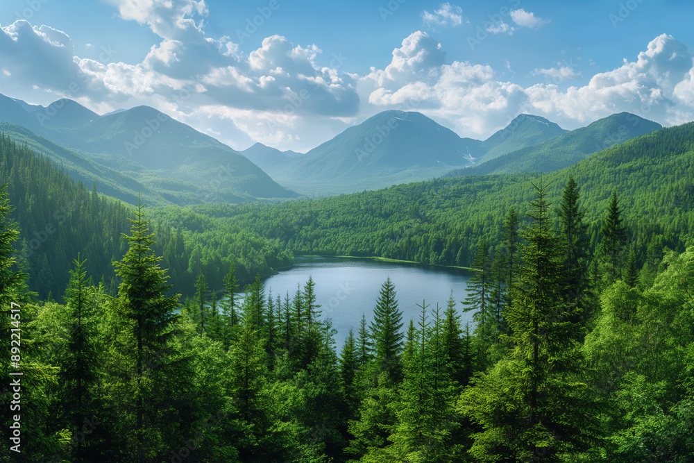 Stunning Panoramic View of Lush Green Forest and Serene Mountain Lake Stunning Panoramic View of Lush Green Forest and Serene Mountain Lake