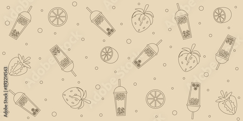 Sketch style takeaway food Wrapping Paper design. Sketchy asian Bubble Tea wallpaper print template. Simple line art vector aesthetic wall decor. Editable stroke. EPS 10