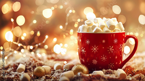 Hot cocoa with marshmallows in a festive mug Merry Christmas background. photo