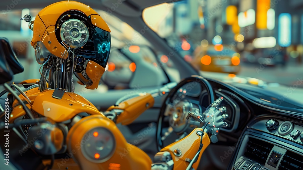 Fototapeta premium Science fiction and tech merged with a robotic auto driver with arm robots