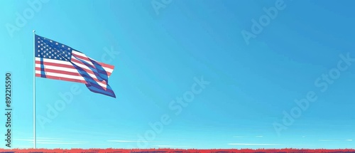 American flag waving in the wind, patriotic celebration, clear blue sky, freedom, national pride