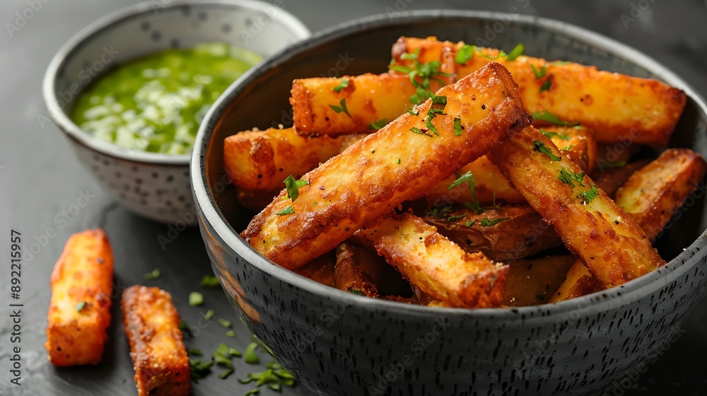 Serve potato sticks with green sauce in a gray bowl Serve potato sticks with green sauce in a gray bowl