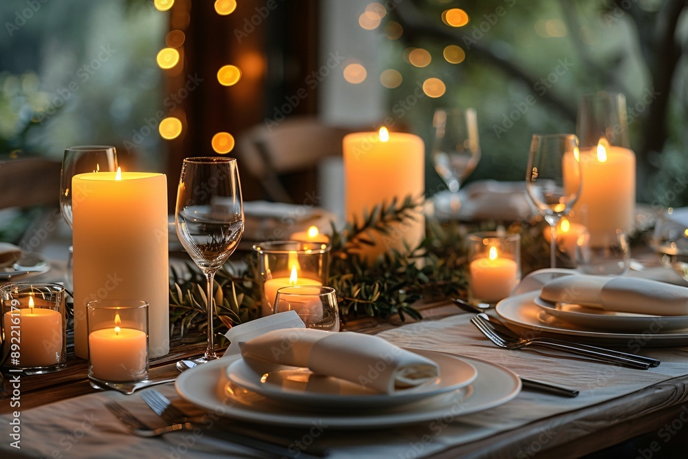 Elegant dinner setting with candles lit, creating a warm, inviting atmosphere. Elegant dinner setting with candles lit, creating a warm, inviting atmosphere.