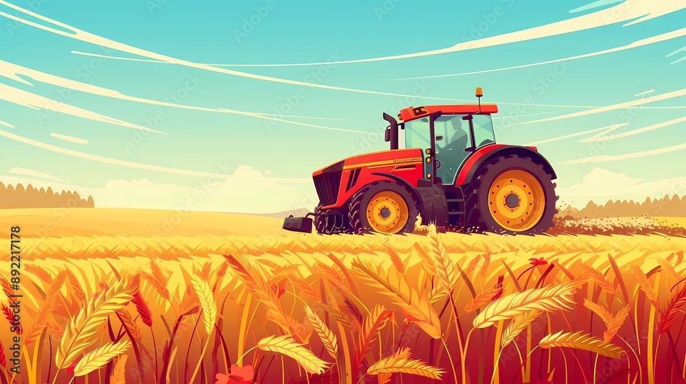 Fototapeta premium A tractor in a stylized, vibrant field with rolling hills