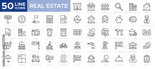 Real Estate icon set with realty, property, mortgage, home loan and more. Outline icons collection. Simple vector illustration