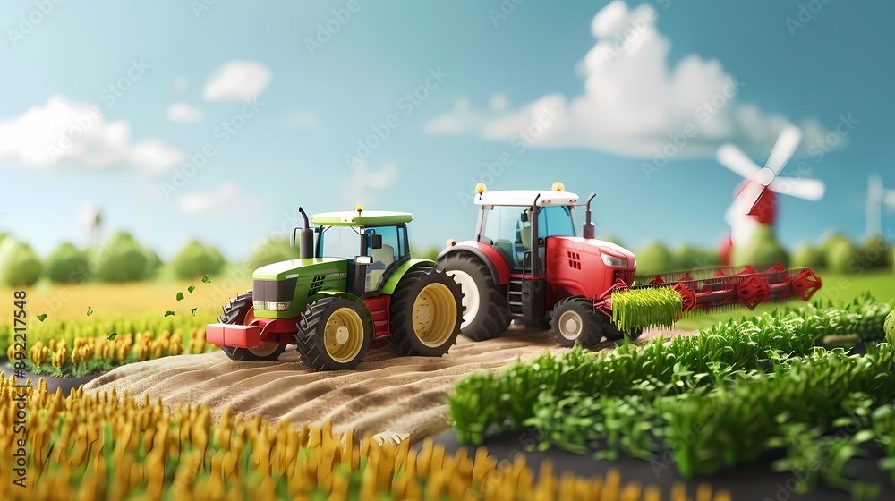 Fototapeta premium A tractor in a stylized, vibrant field with rolling hills