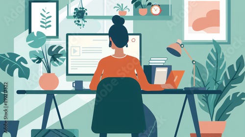 Illustration of a virtual telework webinar and learning presentation, showcasing modern remote work and education practices.