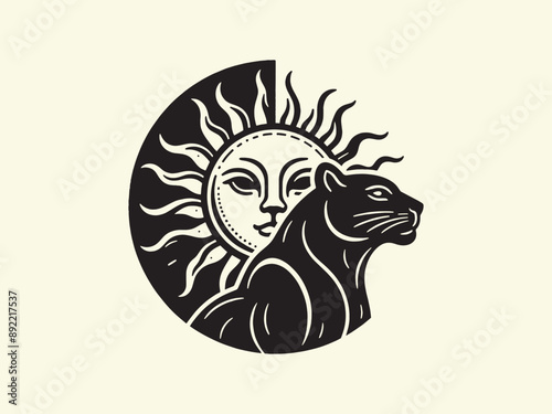 Black Panther and the Sun. Isoteric magic illustration. black vintage vector engraving, emblem, print