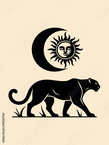 Black Panther and the Sun. Isoteric magic illustration. black vintage vector engraving, emblem, print. Vertical poster, card