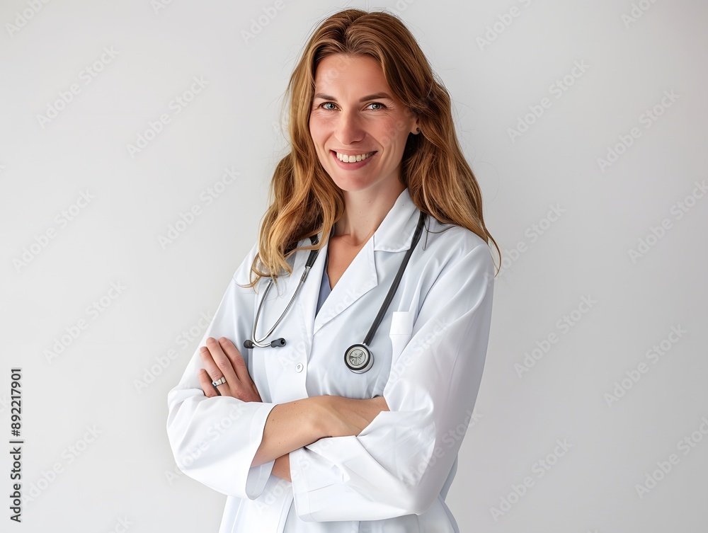 A female doctor in a white coat smiles and keeps her arms crossed A female doctor in a white coat smiles and keeps her arms crossed