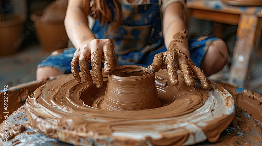 hands molds clay pot spinning on pott