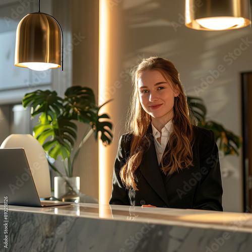Female receptionist at her workplace in a hotel, efficiently managing hotel operations with a welcoming smile. Generative AI