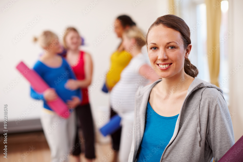 Portrait, woman and exercise class with friends, group or face for pregnancy pilates. Yoga, fitness or tummy for flexibility and happy people, prenatal or maternity workout for health or support Portrait, woman and exercise class with friends, group or face for pregnancy pilates. Yoga, fitness or tummy for flexibility and happy people, prenatal or maternity workout for health or support