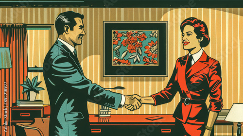 Businessman and businesswoman shaking hands in office