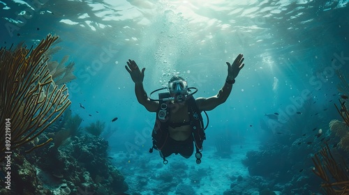 A diver is posing underwater.