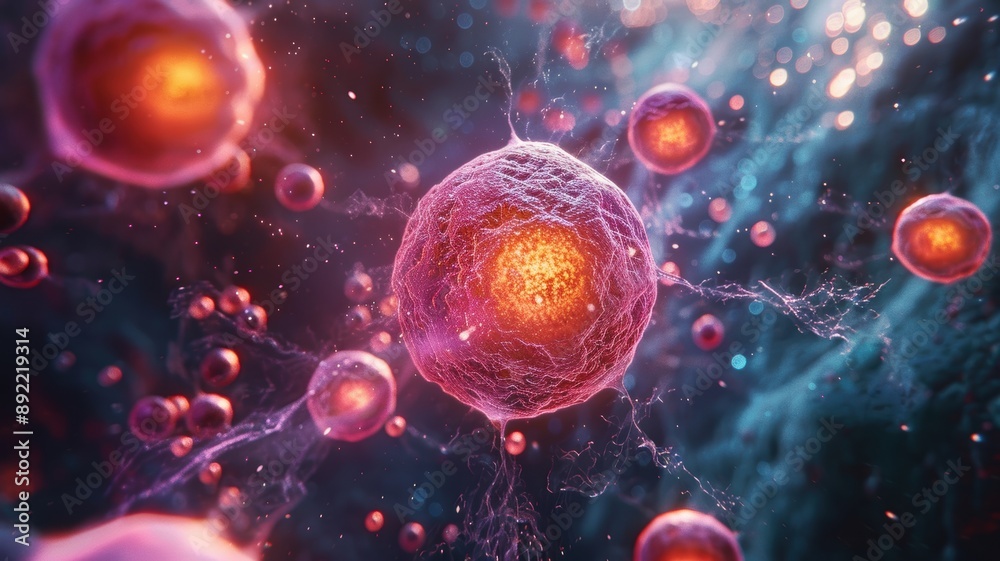 Close-Up of Human Cells Under Microscope Showing Detailed Structure and Vibrant Colors in a Scientific and Medical Research Setting Close-Up of Human Cells Under Microscope Showing Detailed Structure and Vibrant Colors in a Scientific and Medical Research Setting