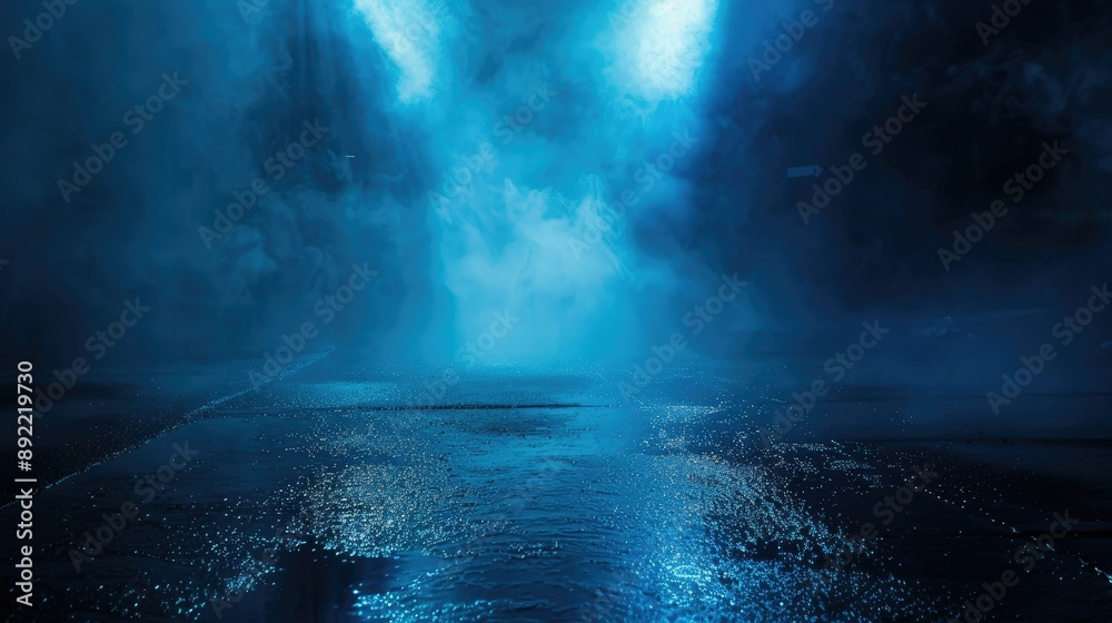 Obraz premium Dark street, wet asphalt, reflections of rays in the water. Abstract dark blue background, smoke, smog. Empty dark scene, neon light, spotlights
