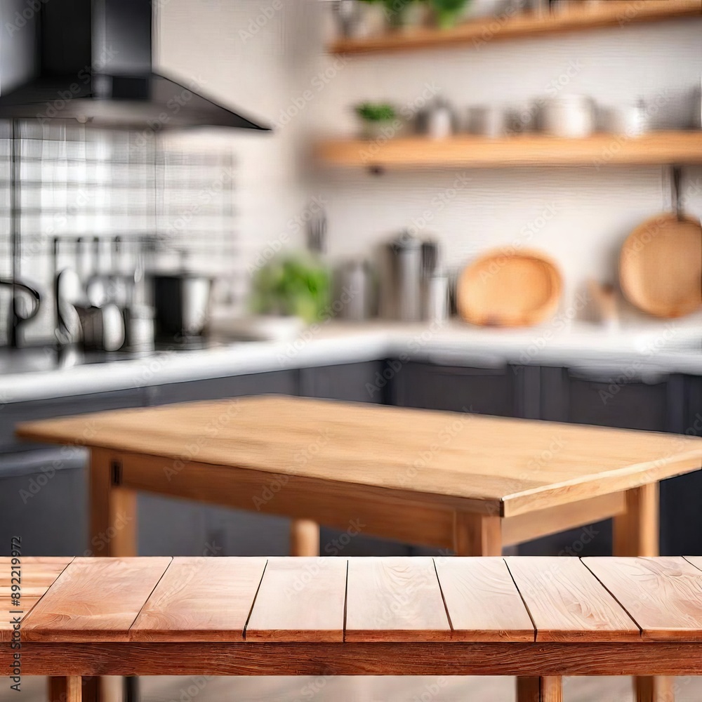 Empty wooden table and blurred kitchen background. Ready for product display montage Empty wooden table and blurred kitchen background. Ready for product display montage