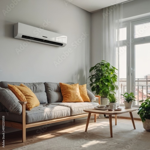 Modern bright interiors apartment with air conditioning illustration 3D rendering computer generated image photo