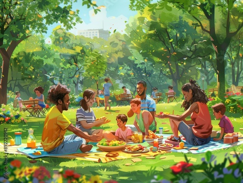 Picnic in the Park Show a joyful picnic scene with families and friends sitting on colorful blankets