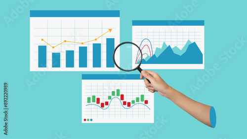 hand with magnify show and present for data analytics and monitoring on graph display, data analyst, business finance investment concept illustration