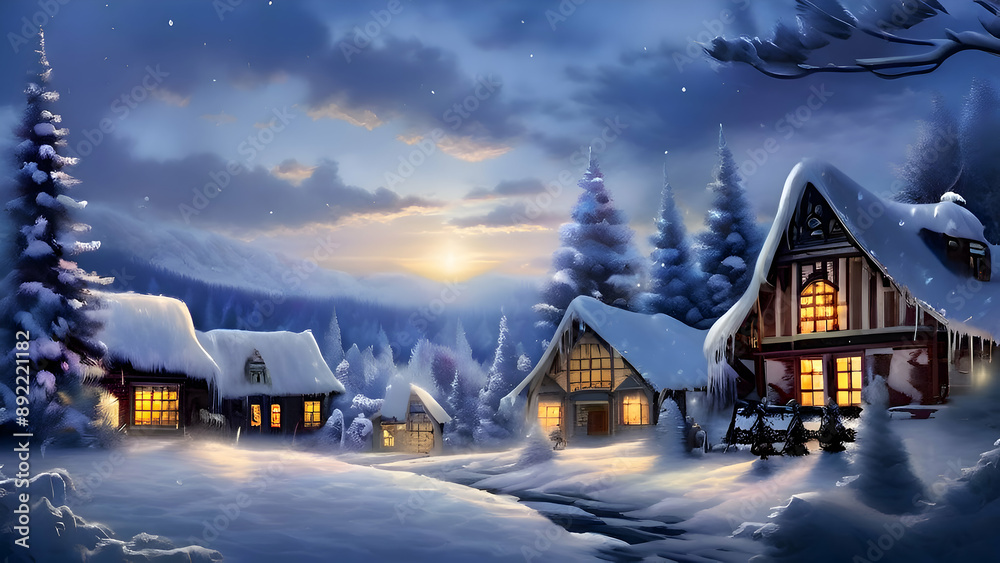 Fototapeta premium a-cozy-village-scene-with-snowflakes