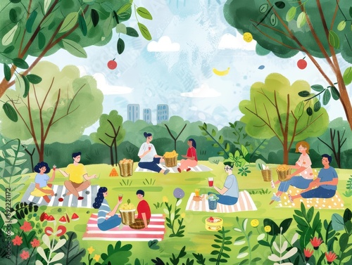 Picnic in the Park Show a joyful picnic scene with families and friends sitting on colorful blankets