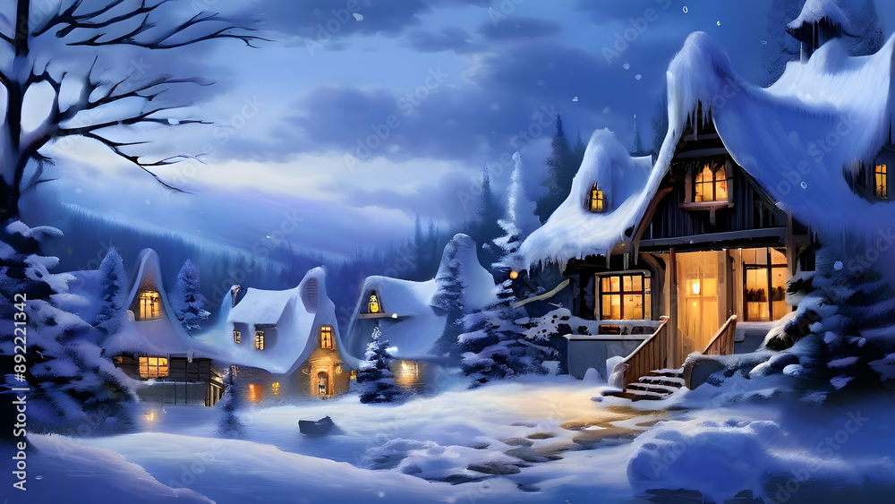 Fototapeta premium a-cozy-village-scene-with-snowflakes