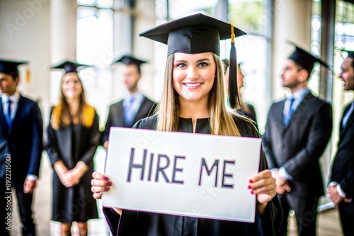 Graduate Holding Hire Me Placard with Background 