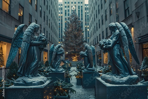 Angel Statues Flanking a Christmas Tree in a Snowy City Alleyway photo