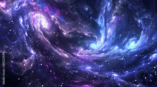A cosmic background with swirling dark blues and purples, dotted with tiny, sparkling stars