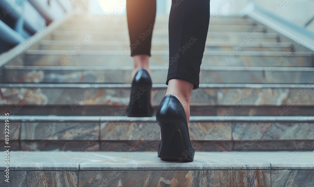 Businesswoman's feet in heels walking up a staircase. Free copy space for banner. Businesswoman's feet in heels walking up a staircase. Free copy space for banner.