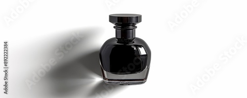 Elegant Black Perfume Bottle with Minimalist Design on White Background.