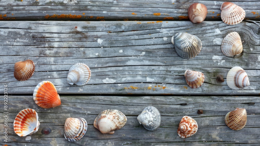 Close up of various small seashells on an aged wooden dock backdrop Close up of various small seashells on an aged wooden dock backdrop