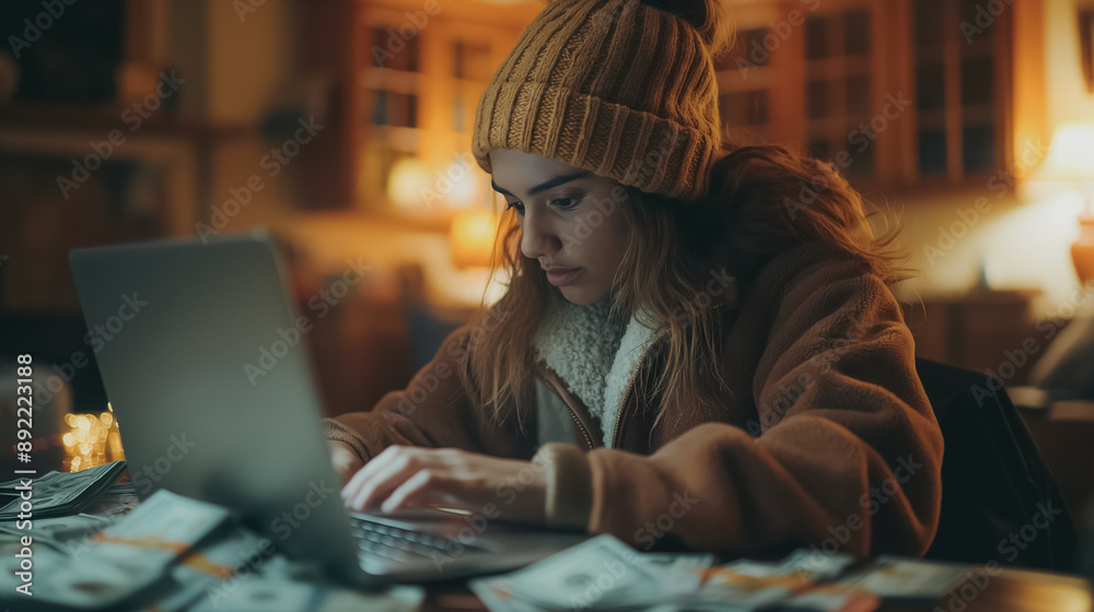 Hands managing money at home with laptop, counting cash for budget, savings, or profit from trading Hands managing money at home with laptop, counting cash for budget, savings, or profit from trading
