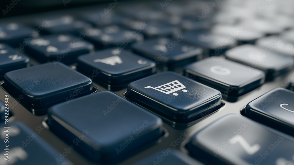Closeup of blue laptop keyboard, featuring shopping cart icon and Closeup of blue laptop keyboard, featuring shopping cart icon and