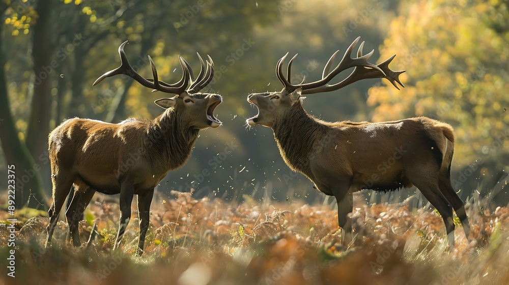 Stags of red deer fighting and howling in the daylight across the woods
