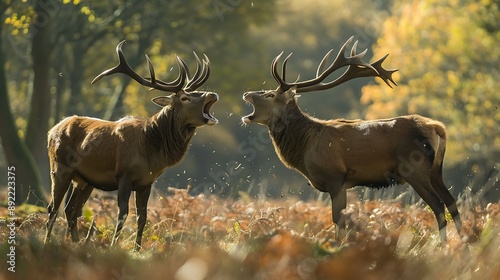 Obraz na płótnie Stags of red deer fighting and howling in the daylight across the woods w salonie