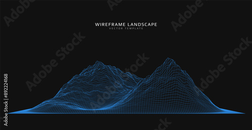 Wireframe landscape. Futuristic 3d mesh background. Digital hills technology. Vector illustration.