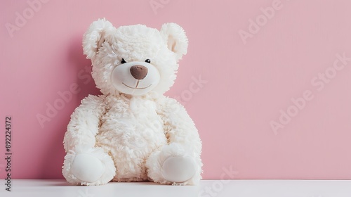 Smiling white soft teddy bear on light pink table background