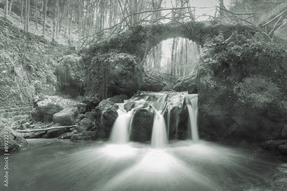 Photo shot of the Schiesser waterfall on a slightly foggy morning