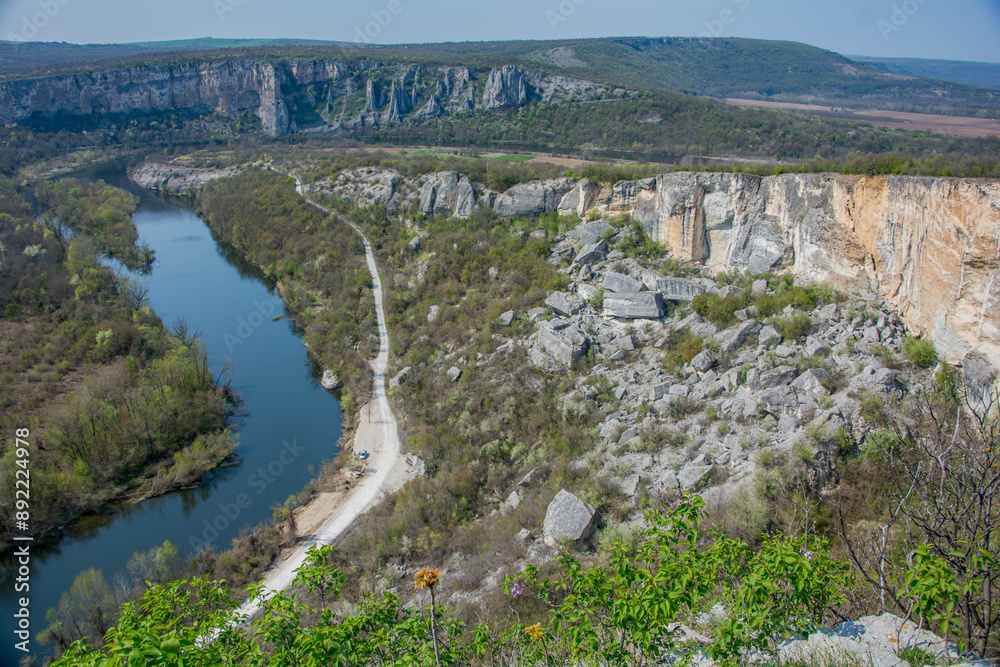Fototapeta premium Aerial view of Iskar river, passing near village of Karlukovo, Balkan Mountains, Bulgaria 