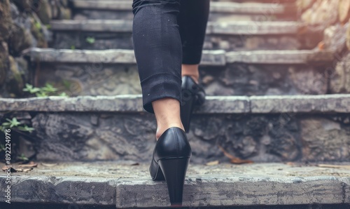 Businesswoman's feet in heels walking up a staircase. Free copy space for banner.