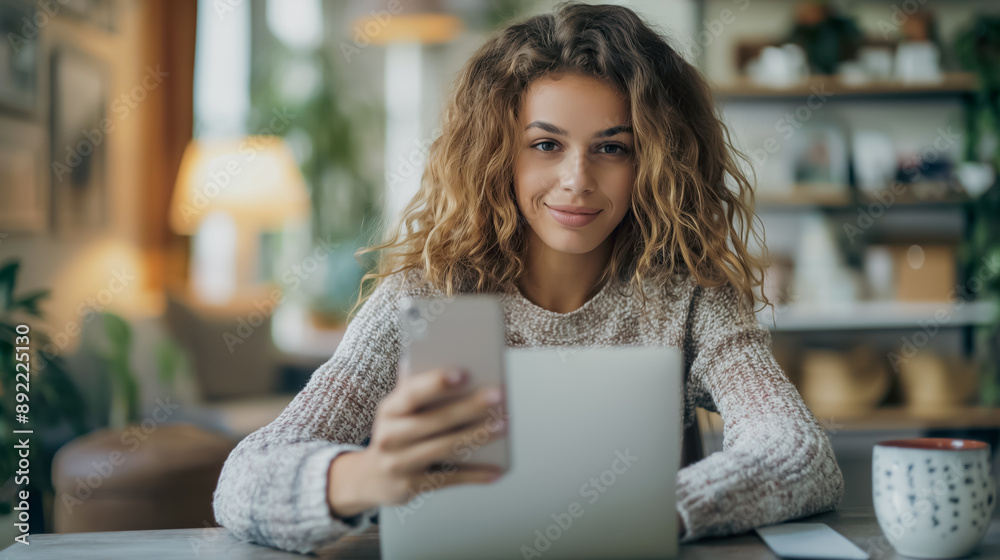 Fototapeta premium Successful online payment notification on phone held by businesswoman, at desk with laptop, highlighting internet shopping.