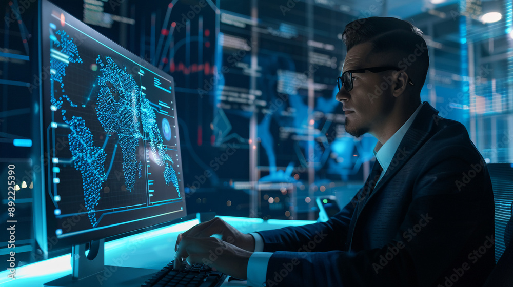 Businessman using AI technology for cybersecurity enhances threat detection and response capabilities Businessman using AI technology for cybersecurity enhances threat detection and response capabilities