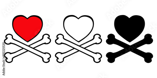 Grupo de corazones con huesos cruzados, como símbolo pirata, para tarjetas y felicitaciones de San Valentín o Halloween 