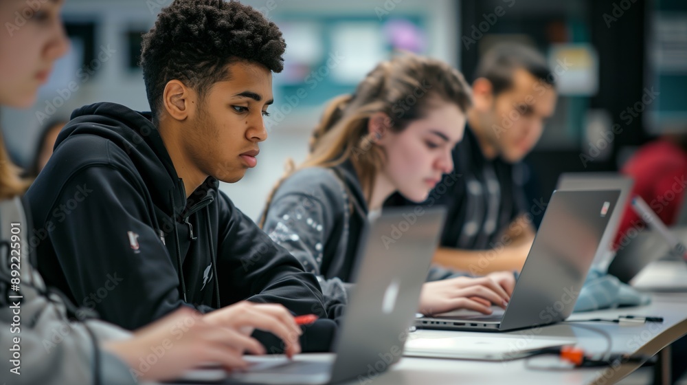 Group of students concentrating on their laptops during a class, enhancing their skills in a technology-focused environment.
