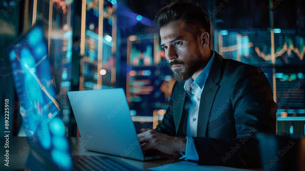 Fototapeta premium Businessman using AI technology for cybersecurity enhances threat detection and response capabilities